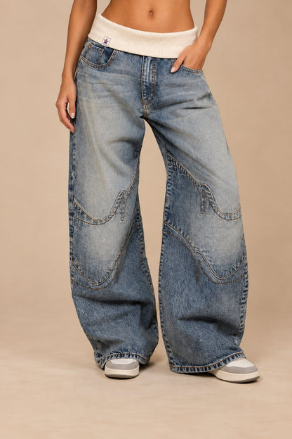 Urban Women's Baggy Wide-Leg Jeans — Ribbed Waistband Denim 3