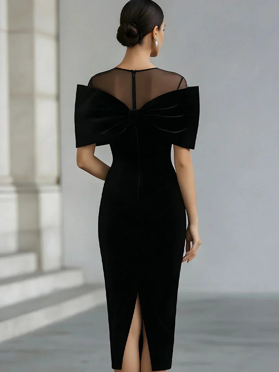 Velvet-Look Midi Dress — Oversized Bow & Mesh Neckline 2