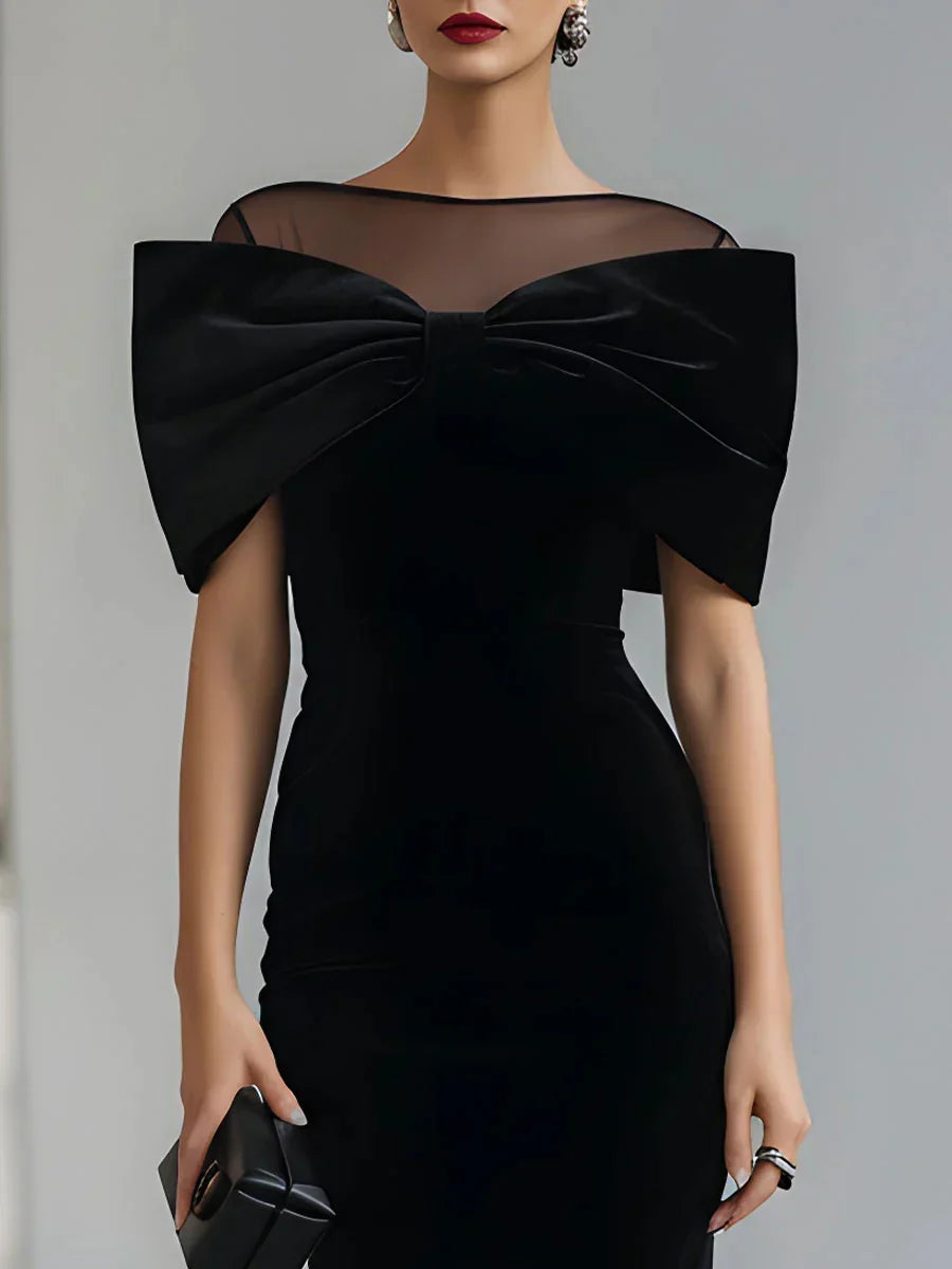 Velvet-Look Midi Dress — Oversized Bow & Mesh Neckline 3
