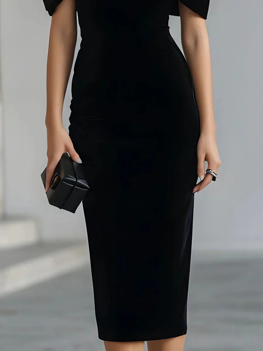 Velvet-Look Midi Dress — Oversized Bow & Mesh Neckline 4