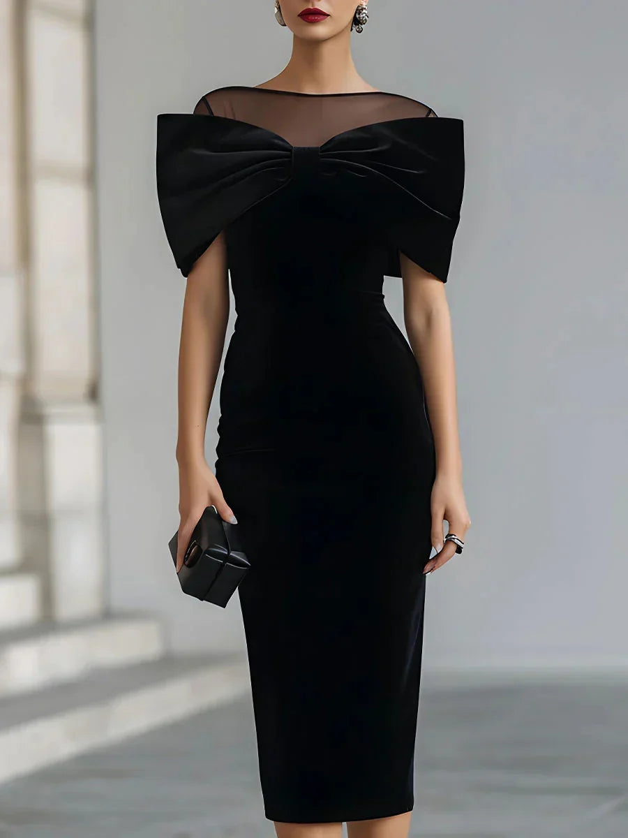 Velvet-Look Midi Dress — Oversized Bow & Mesh Neckline 1