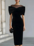 Velvet-Look Midi Dress — Oversized Bow & Mesh Neckline 1