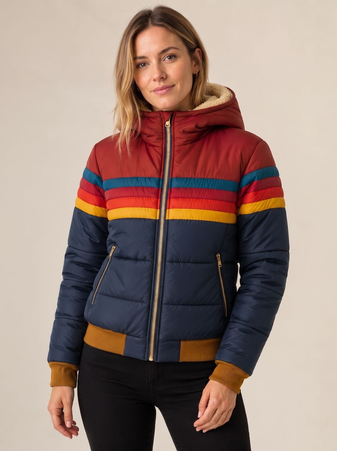 Whitby Women's Waterproof Hooded Puffer Jacket — Retro Colour-Block 1