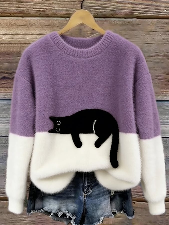 Women's Cat Print Sweater — Relaxed Fit Casual Pullover 10