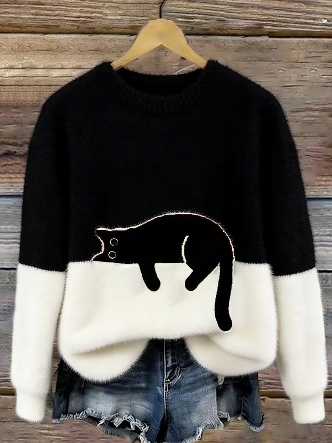 Women's Cat Print Sweater — Relaxed Fit Casual Pullover 3