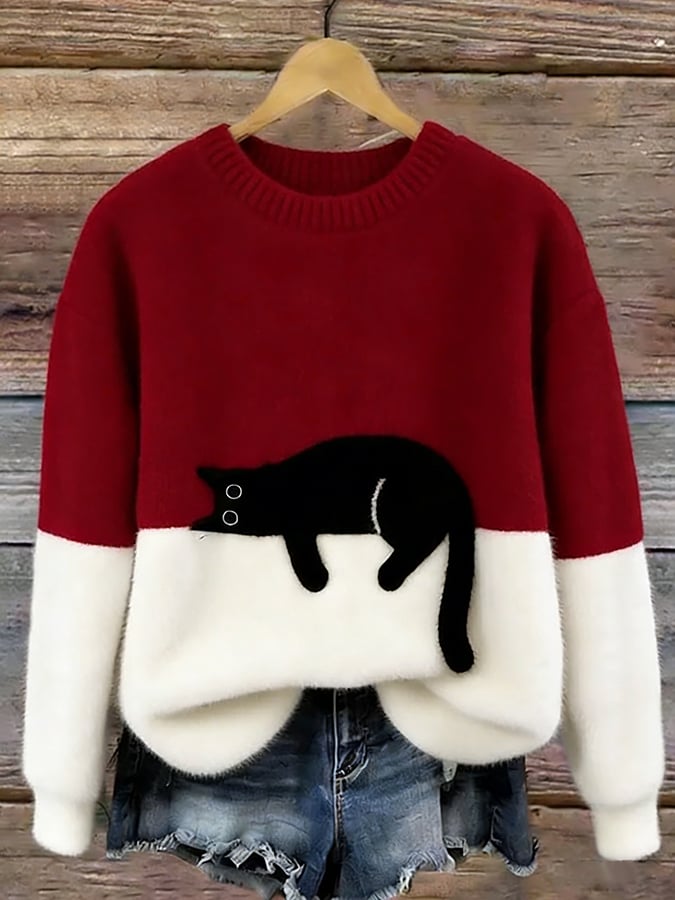 Women's Cat Print Sweater — Relaxed Fit Casual Pullover 4