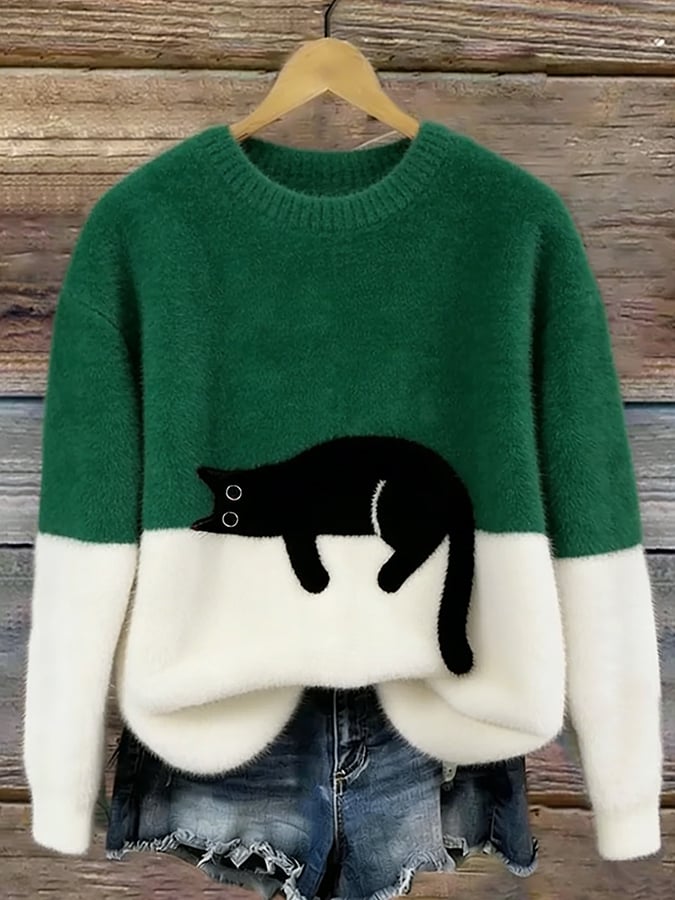 Women's Cat Print Sweater — Relaxed Fit Casual Pullover 6