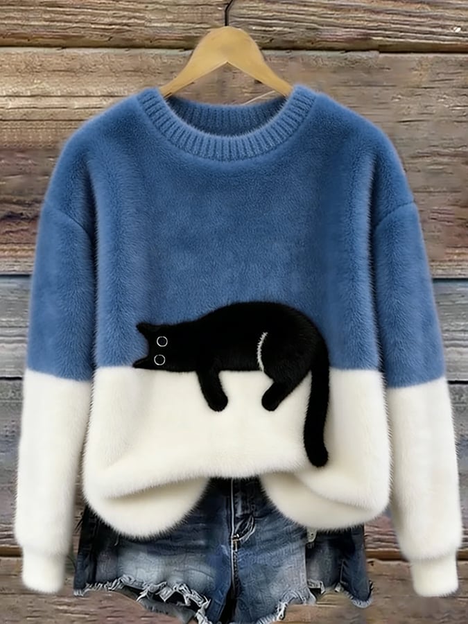 Women's Cat Print Sweater — Relaxed Fit Casual Pullover 7