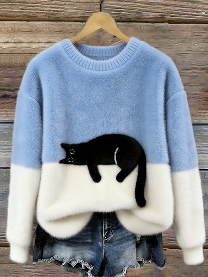 Women's Cat Print Sweater — Relaxed Fit Casual Pullover 8
