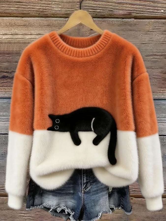 Women's Cat Print Sweater — Relaxed Fit Casual Pullover 1