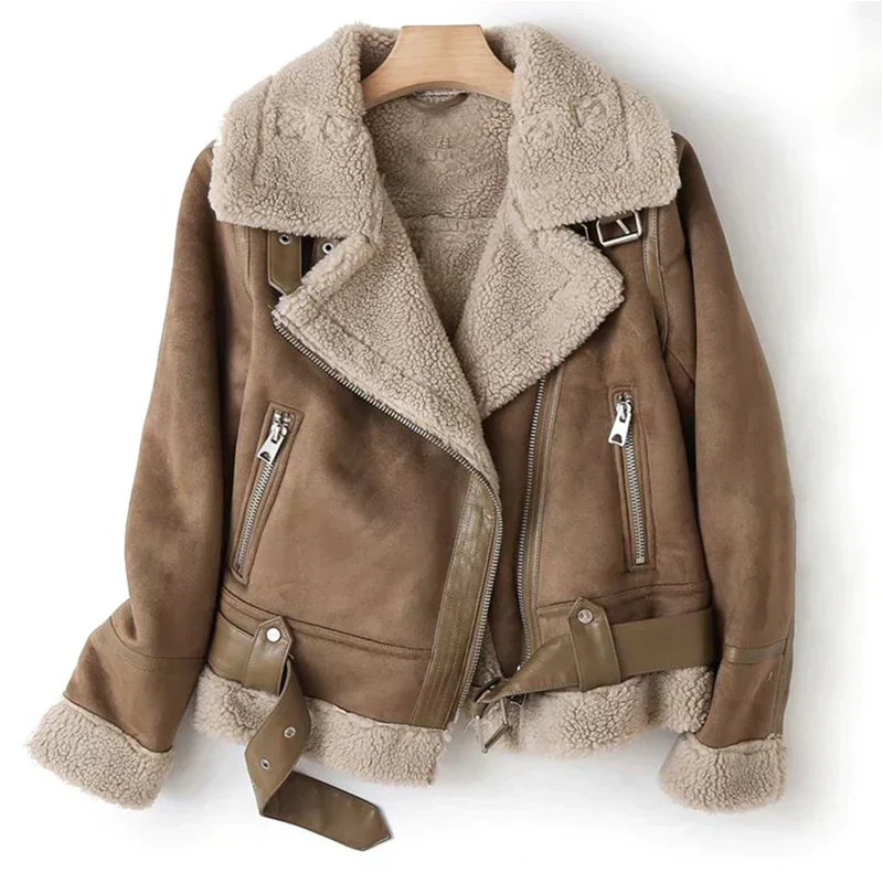 Women's Faux Leather Biker Jacket – Sherpa-Look Lined Cropped 2