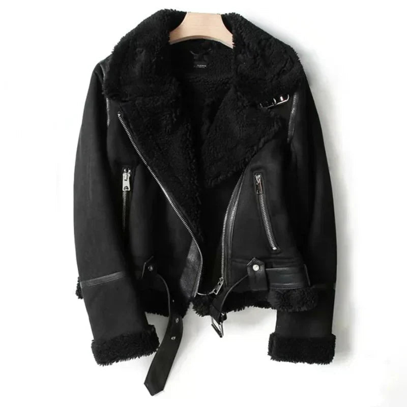 Women's Faux Leather Biker Jacket – Sherpa-Look Lined Cropped 1