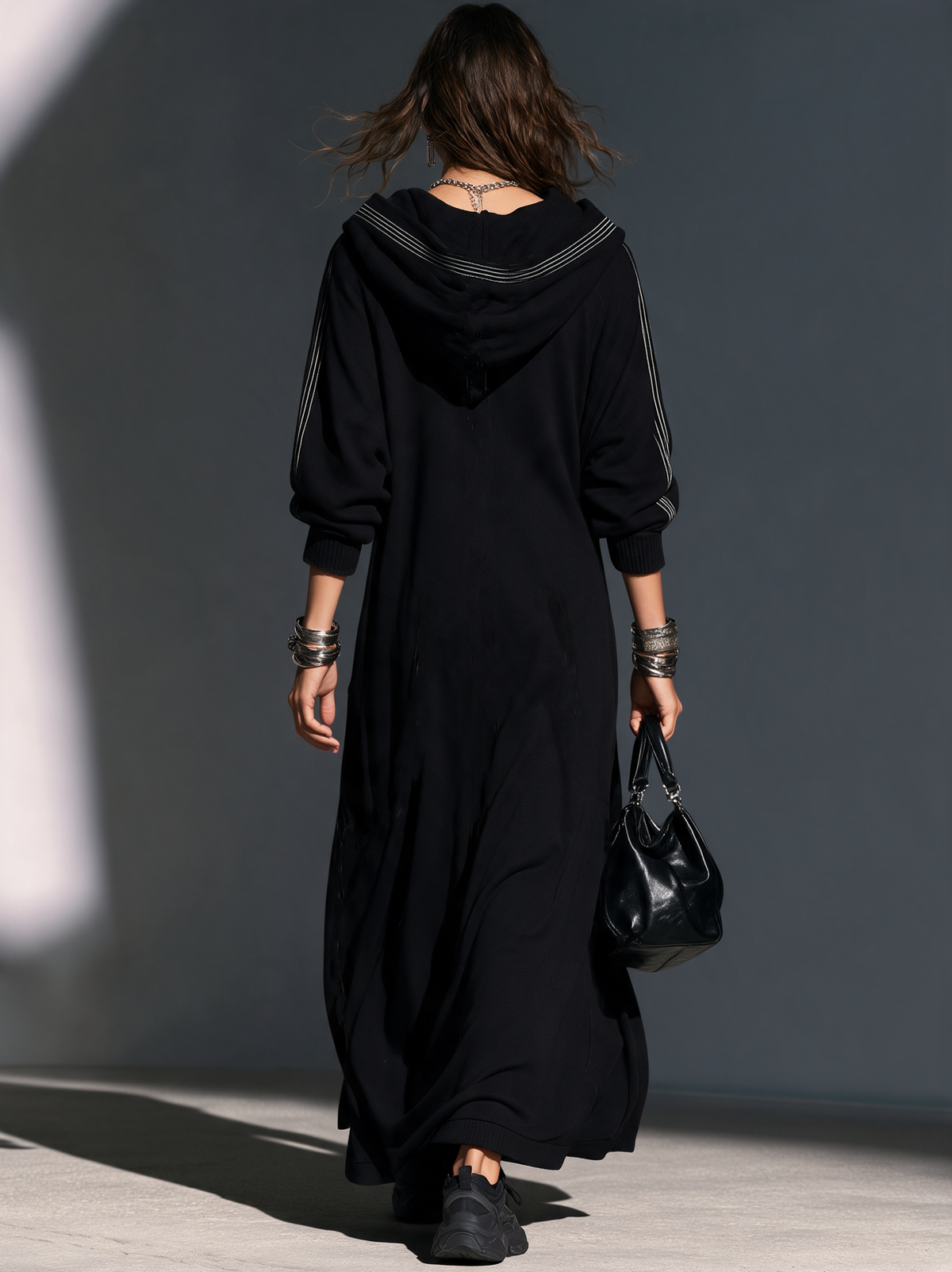 Women's Hooded Long Coat — Relaxed Sweatshirt Fabric 3