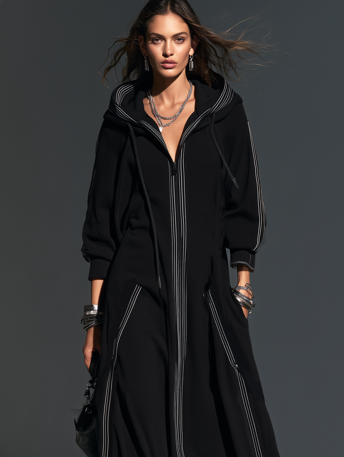 Women's Hooded Long Coat — Relaxed Sweatshirt Fabric 4