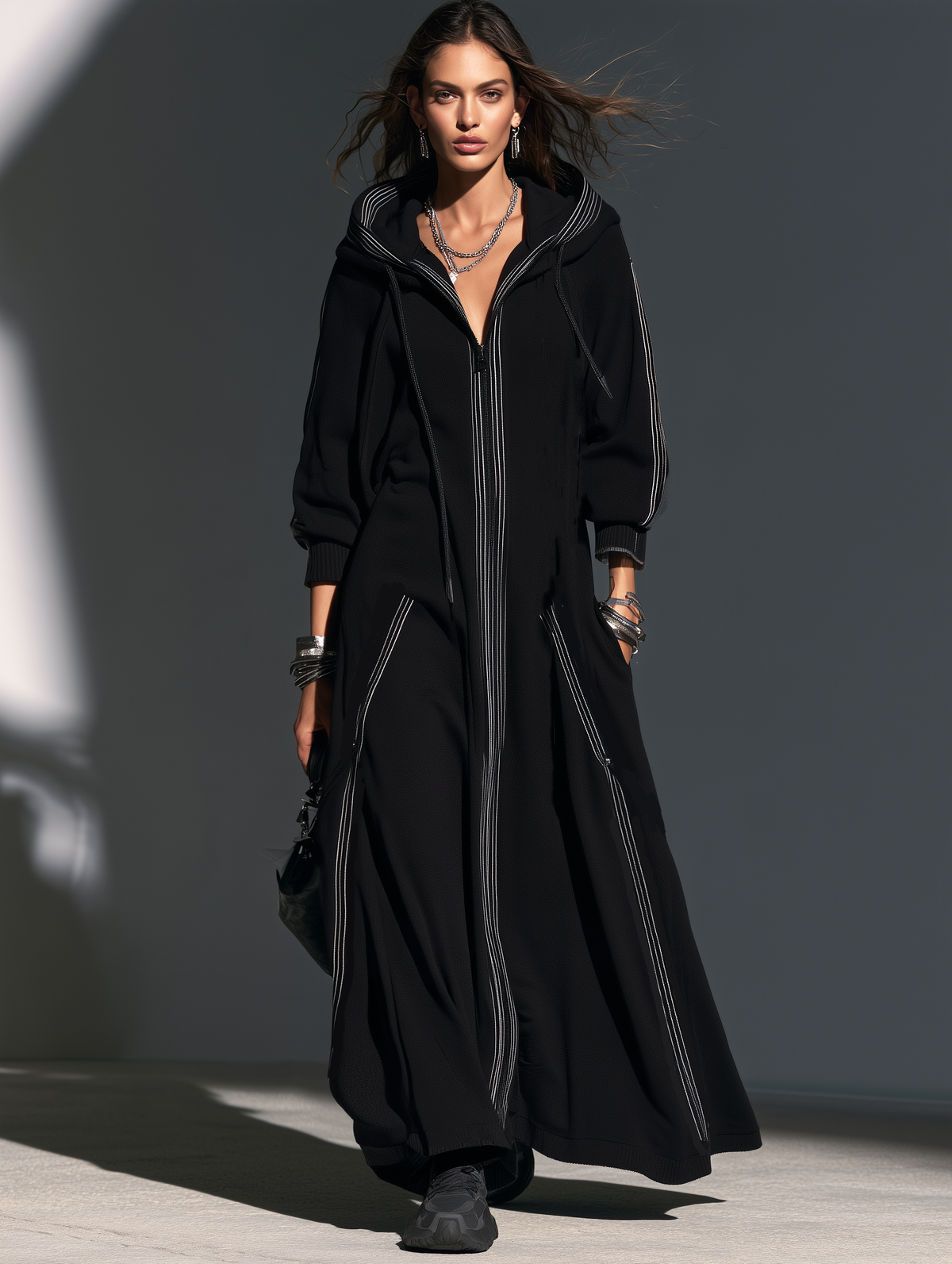 Women's Hooded Long Coat — Relaxed Sweatshirt Fabric 5