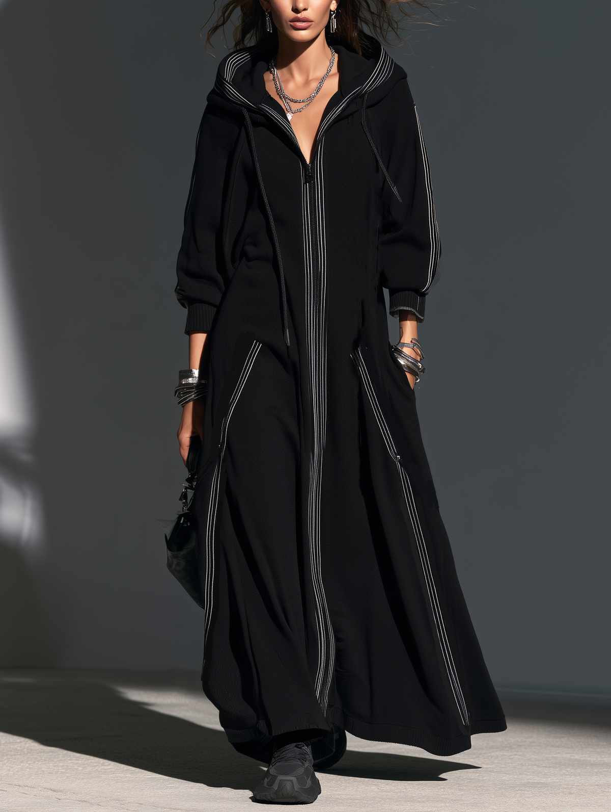 Women's Hooded Long Coat — Relaxed Sweatshirt Fabric 1