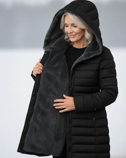 Glencoe Women's Long Quilted Coat — Hooded, Faux Sherpa Lining 10