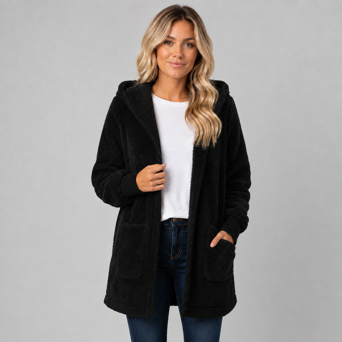 Tarn Women's Longline Fleece Cardigan — Hooded, Reversible 4