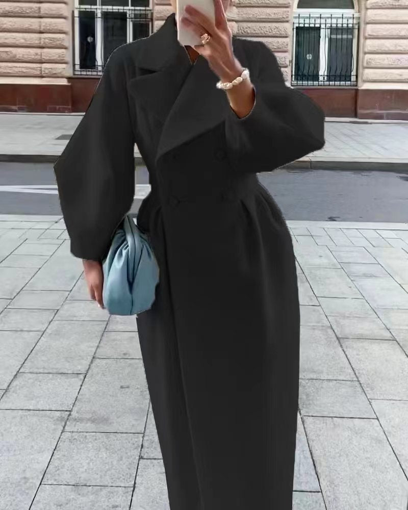 Women's Maxi Coat with Puff Sleeves & Wide Lapel Collar 4