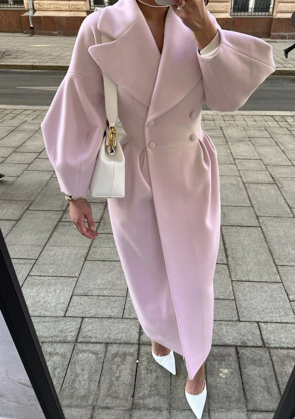 Women's Maxi Coat with Puff Sleeves & Wide Lapel Collar 7