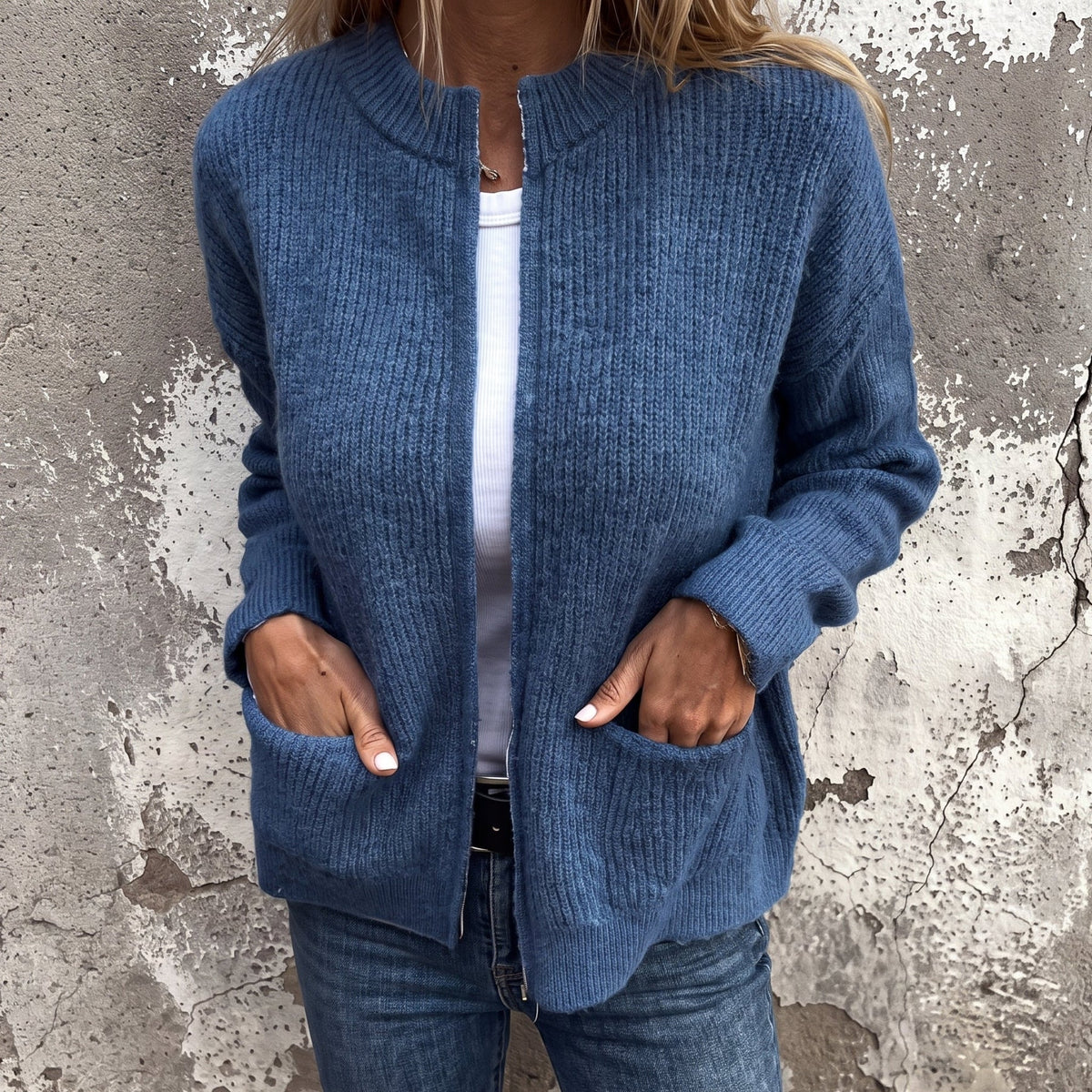 Islington Women's Ribbed Zip-Through Cardigan — Stand Collar 5