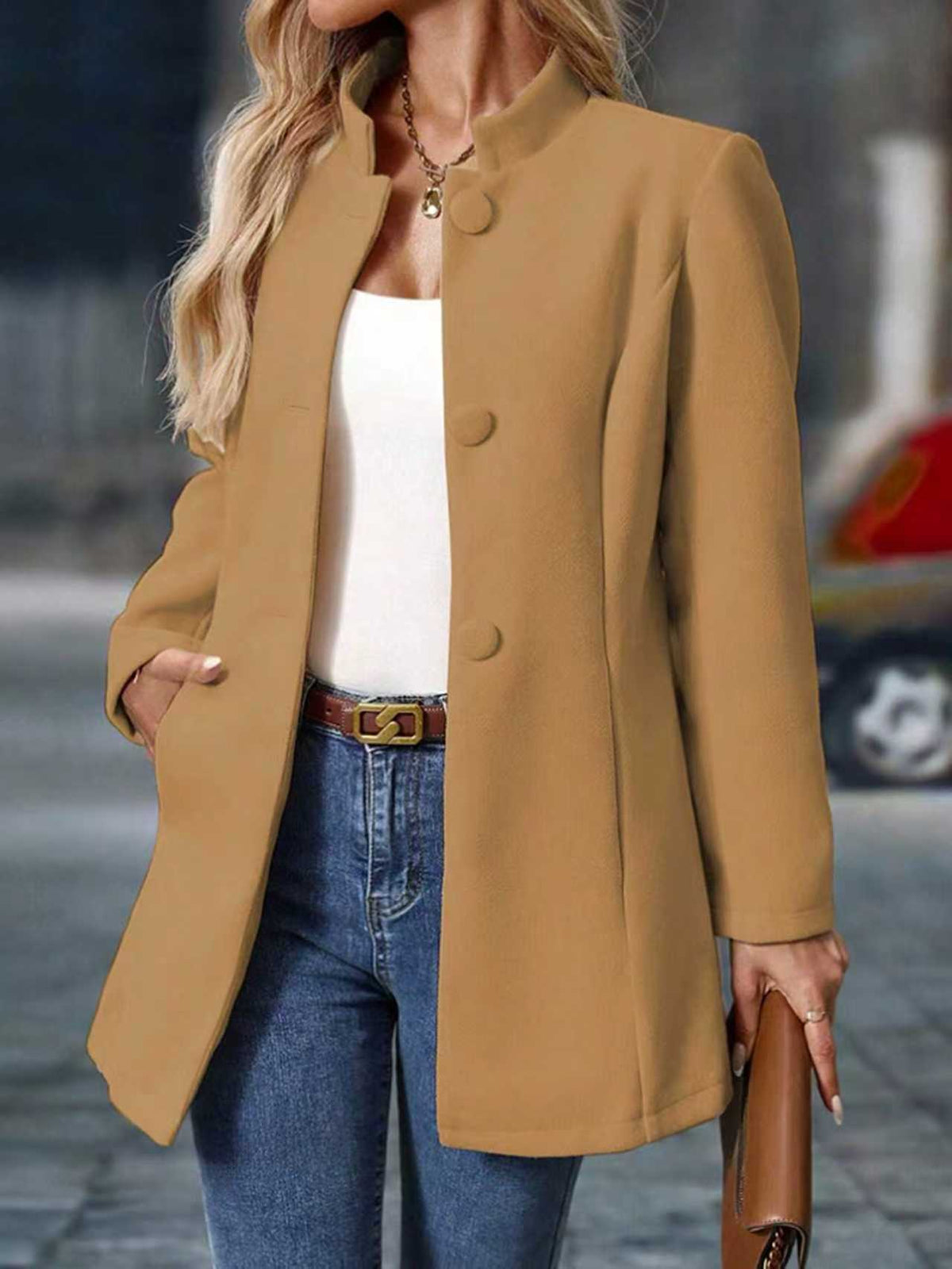 Women's Stand Collar Long Coat with Side Pockets — S–XXL 6