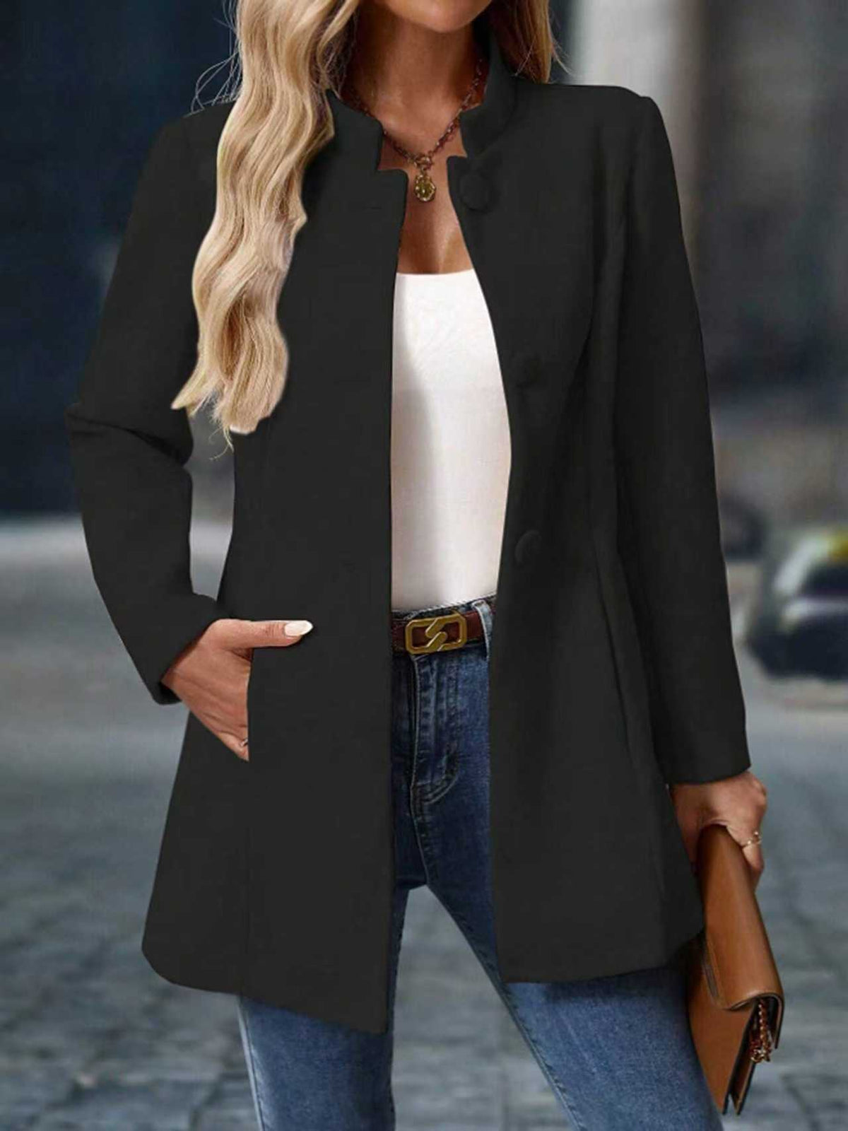 Women's Stand Collar Long Coat with Side Pockets — S–XXL 7