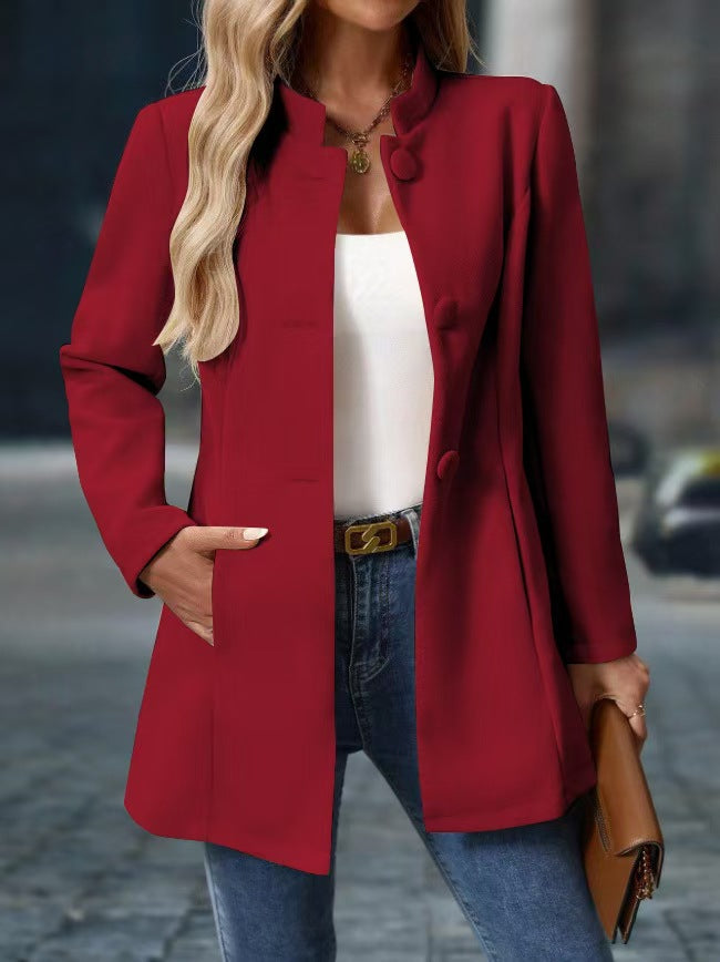 Women's Stand Collar Long Coat with Side Pockets — S–XXL 8