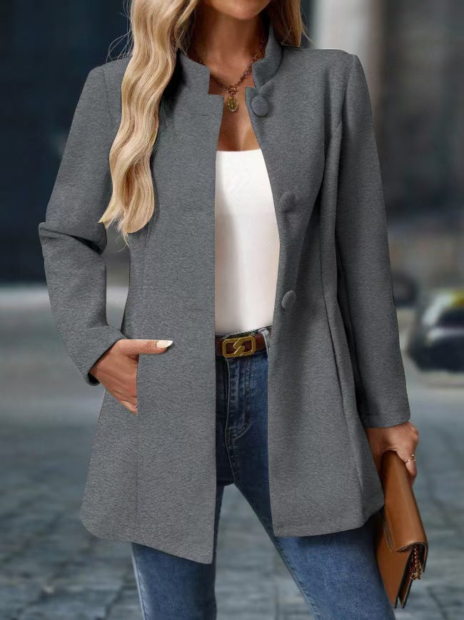 Women's Stand Collar Long Coat with Side Pockets — S–XXL 9