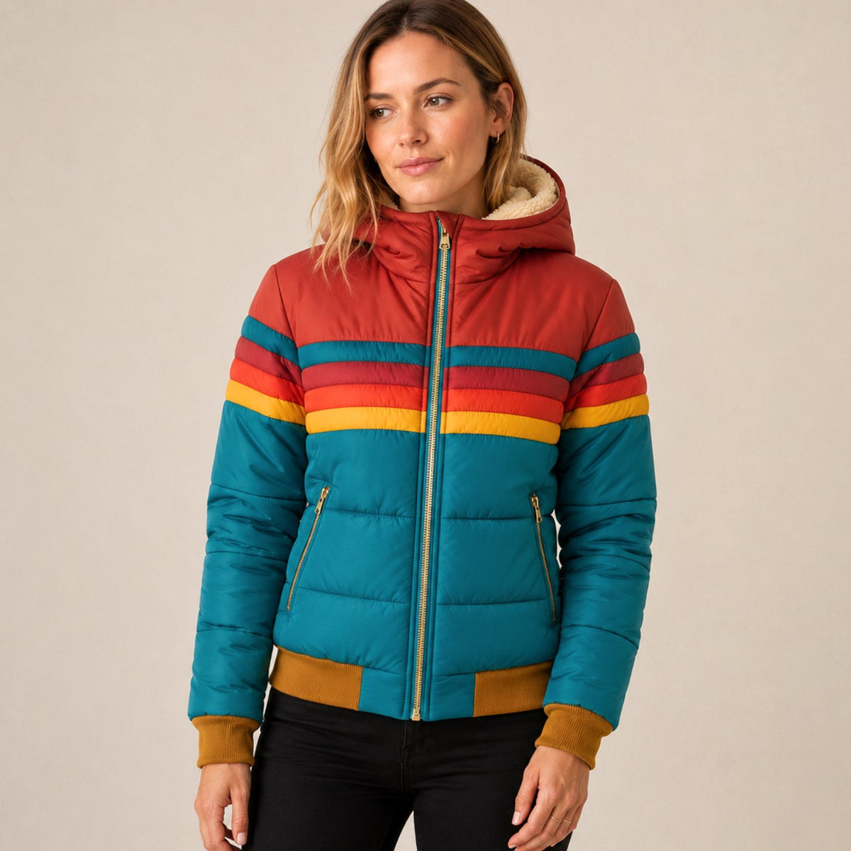 Women's Waterproof Hooded Puffer Jacket — Retro Colour-Block 2